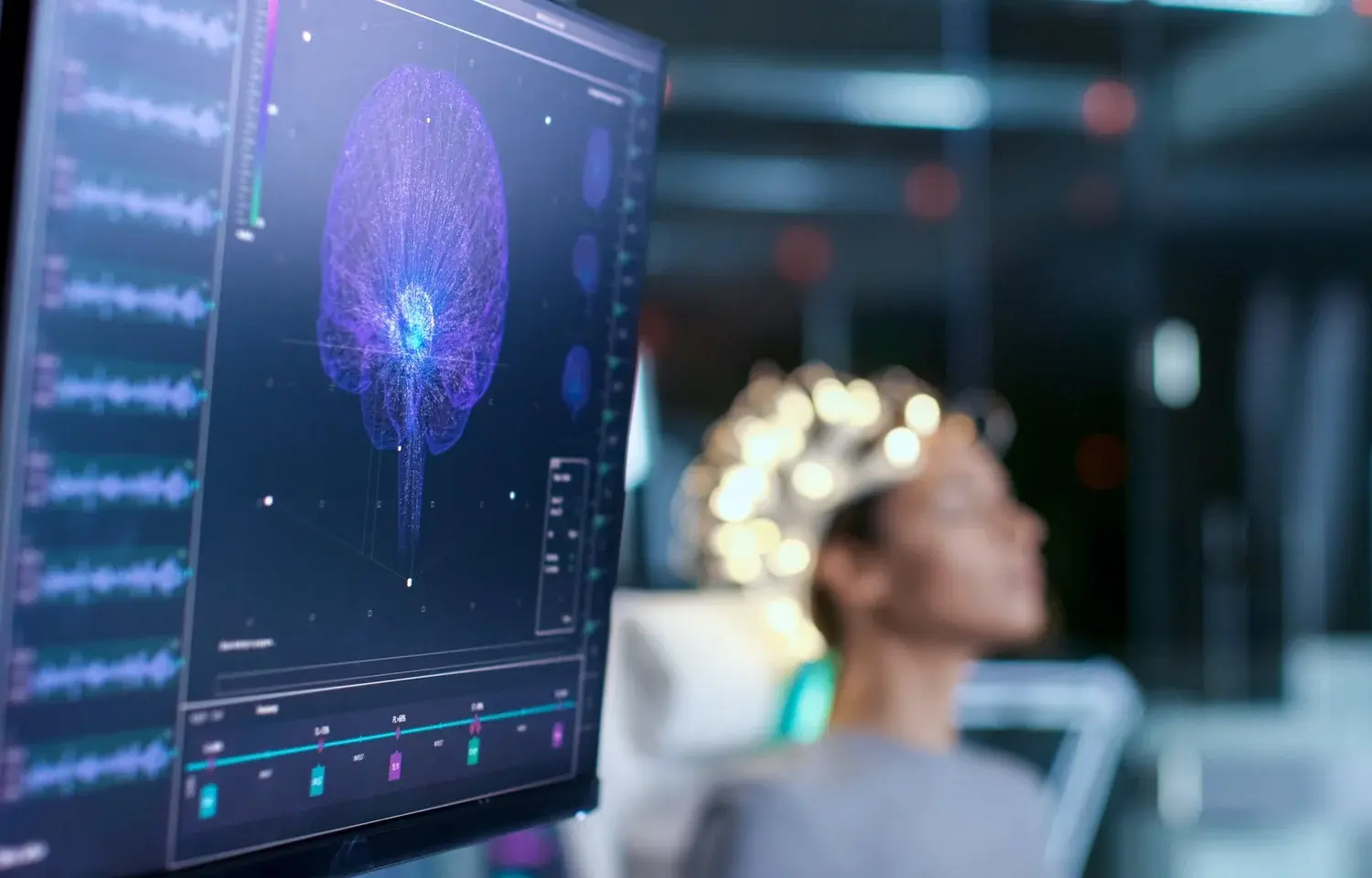 Brain wave visualization alongside a person listening with headphones